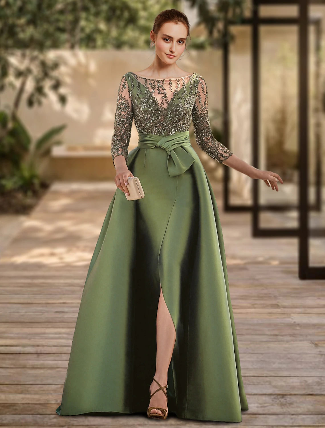 A-Linien-Abendkleid mit offenem Rücken, formelle Hochzeitsgast-Kleidung, bodenlang, 3/4-Ärmel, Rundhalsausschnitt, Spitze mit Schlitz und Riemchen